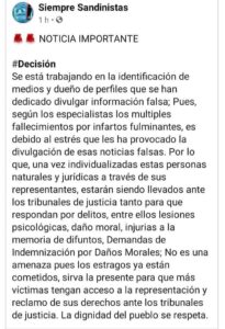 Publicación de fanáticos sandinistas en la que amenazan con procesos judiciales contra periodistas independientes
