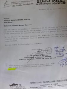 Carta de despido del Dr. Gustavo Méndez, Oncólogo de "La Mascota"