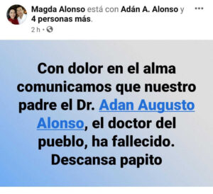Publicación de la Dra. Magda Alonso en la que oficializa la muerte de su padre