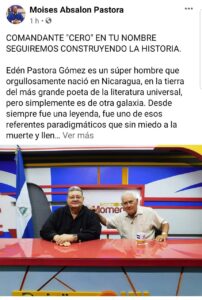 Publicación del periodista sandinista Moises Absalon Patora en la que confirma fallecimiento de Edén Pastora 