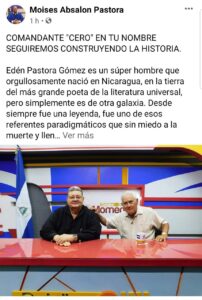 Publicación del periodista sandinista Moises Absalon Patora en la que confirma fallecimiento de Edén Pastora