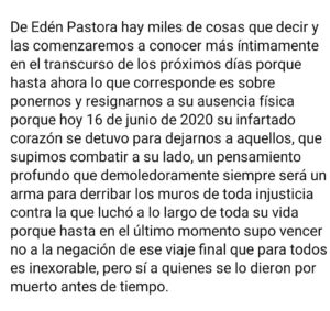 Publicación del periodista sandinista Moises Absalon Patora en la que confirma fallecimiento de Edén Pastora 