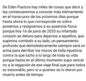 Publicación del periodista sandinista Moises Absalon Patora en la que confirma fallecimiento de Edén Pastora