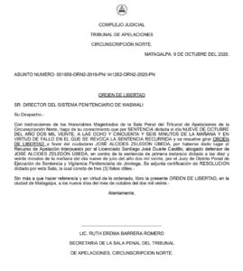 Orden de libertad para José Alcides Zeledón Úbeda emitida por el poder judicial 