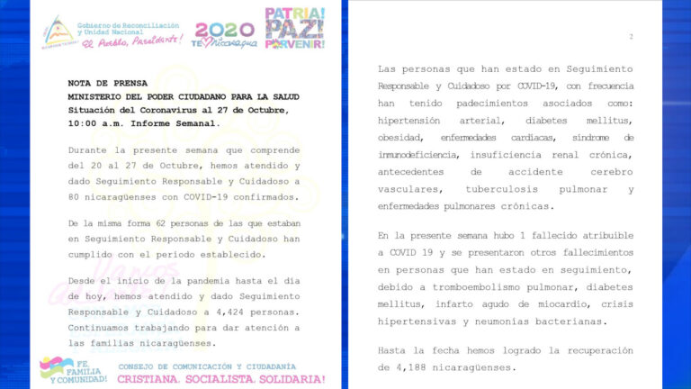 Informe MINSA sobre COVID-19 correspondiente del 20 al 27 de octubre