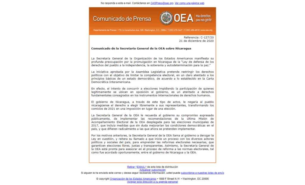 Comunicado OEA sobre ley contra opositores 