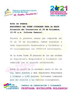 Comunicado Ministerio de Salud de Nicaragua