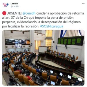 El CENIDH rechaza entrada en vigencia de la cadena perpetua