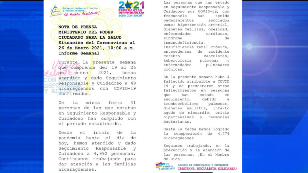 Informe Minsa sobre comportamiento del COVID-19 en Nicaragua del 19 al 26 de enero6