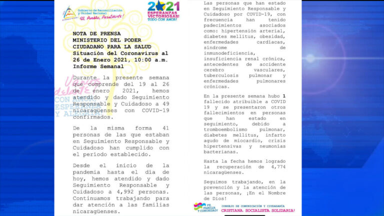 Informe Minsa sobre comportamiento del COVID-19 en Nicaragua del 19 al 26 de enero6