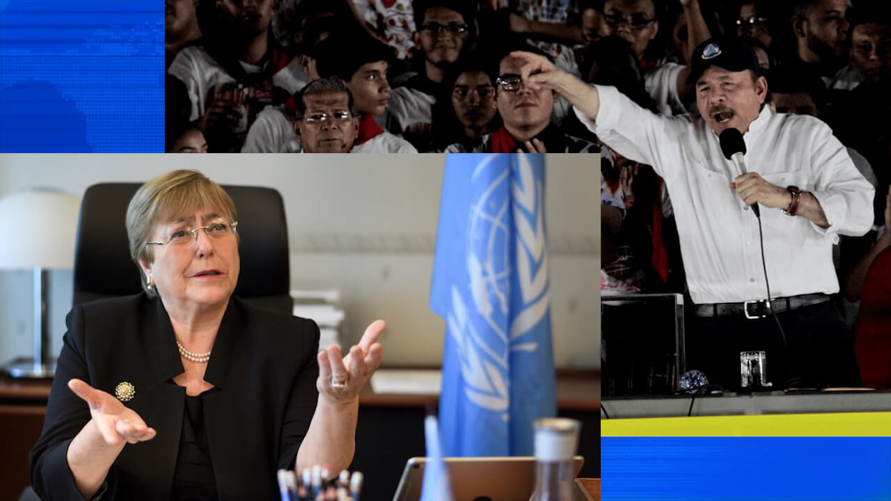 Michell Bachelet Alta Comisionada para las Naciones Unidas y Daniel ortega dictador nicaragüense