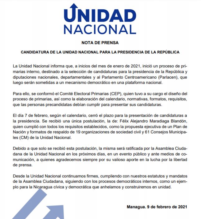 Comunicado oficial de la Unidad Nacional sobre la postulación de precandidatos 
