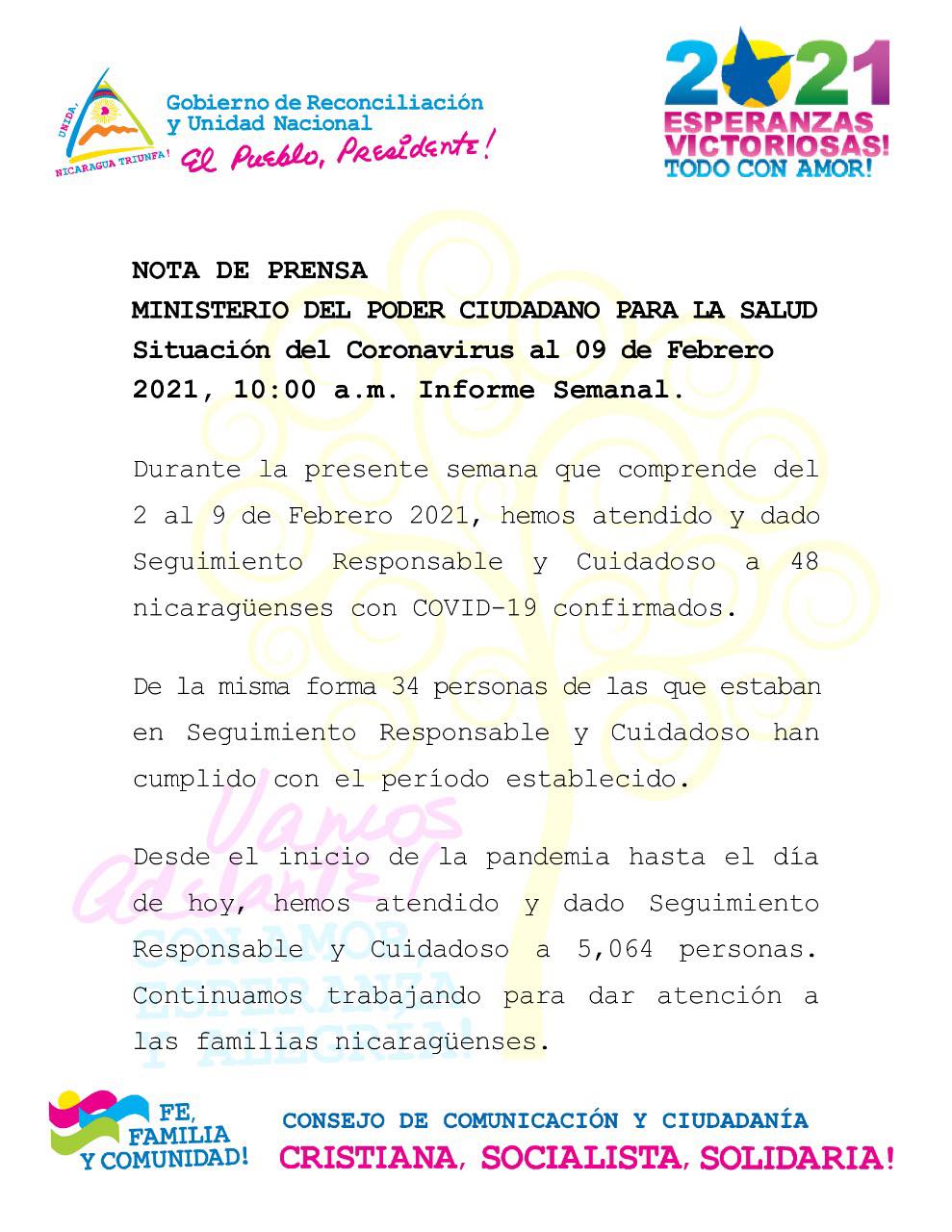 Informe Ministerio de Salud situación COVID-19 en Nicaragua