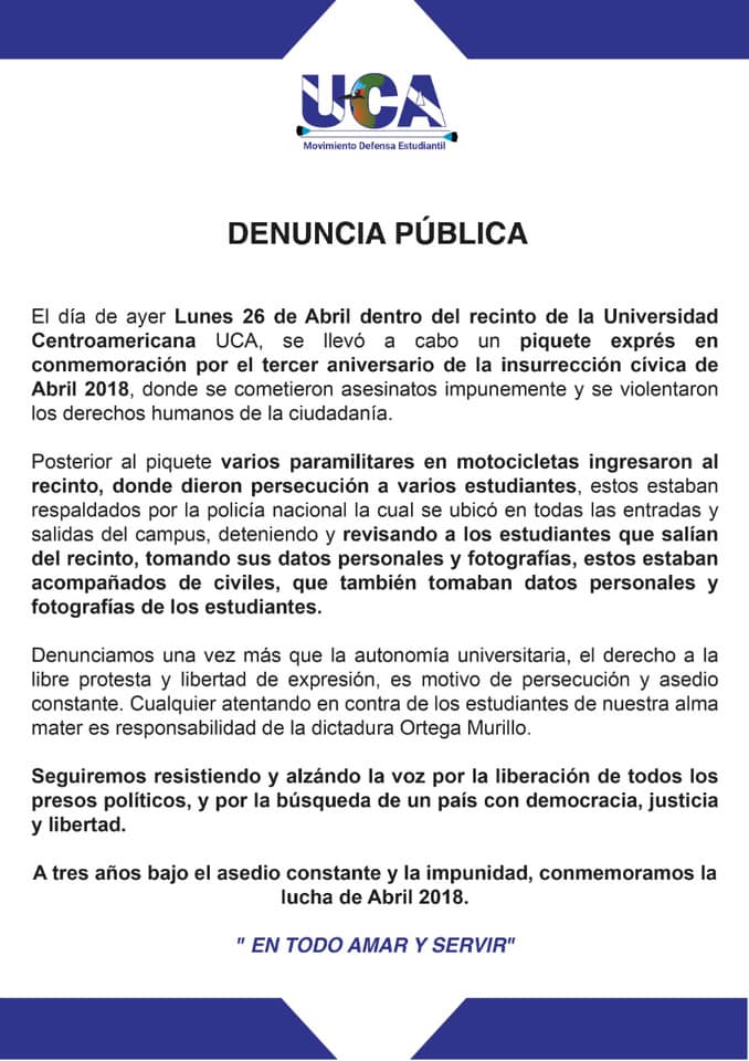 La denuncia fue publicada en la cuenta de Facebook del Movimiento Defensa Estudiantil  