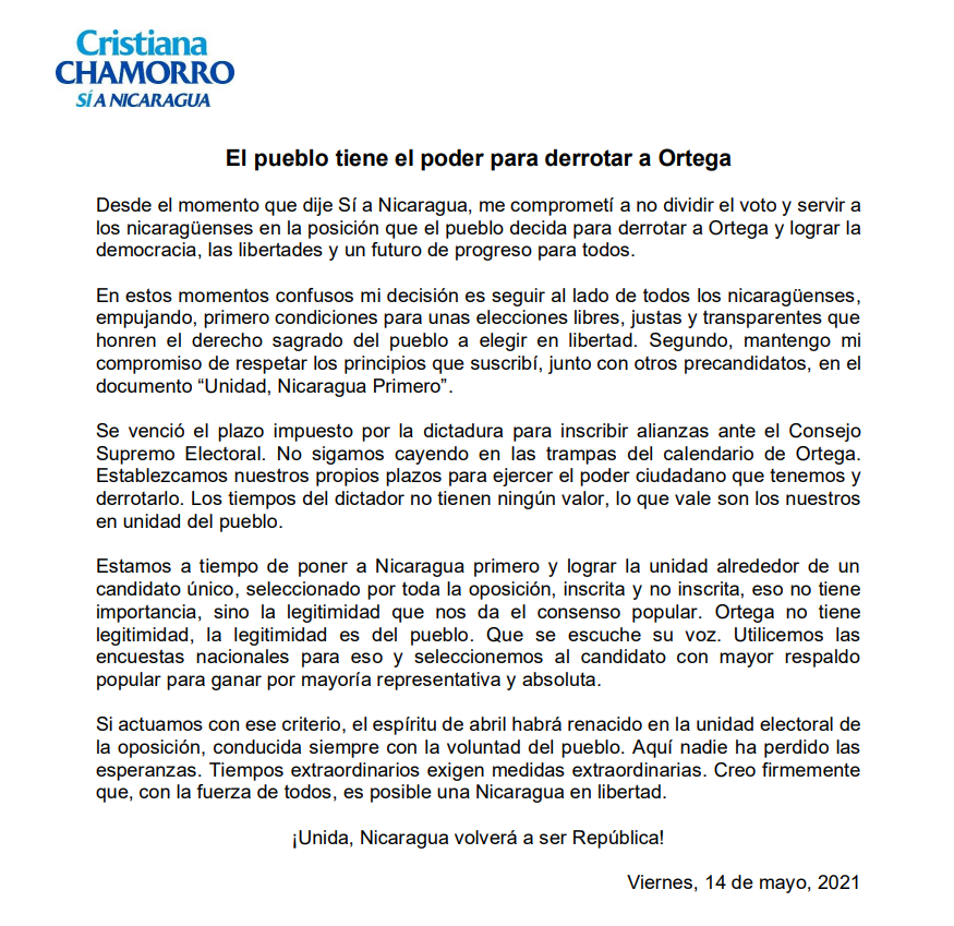 Comunicado de la aspirante presidencial Cristiana Chamorro