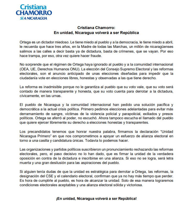 Comunicado de Cristiana Chamorro sobre el llamado urgente de unidad 