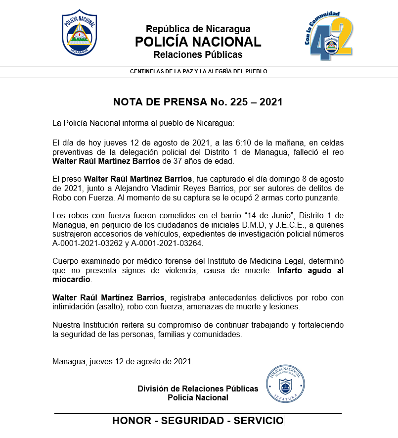 Hombre muere en celdas preventivas de Managua por un "infarto agudo al miocardio"