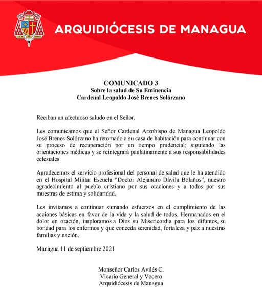 Dan de alta al cardenal Leopoldo Brenes / Nicaragua Actual 