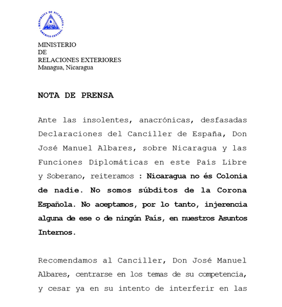 Nota de Prensa del Minrex contra el canciller de España