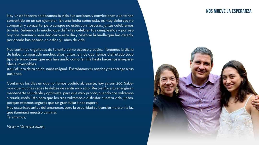 Carta de la esposa e hija del reo político Juan Sebastián Chamorro en el día de su cumpleaños