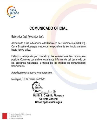 Comunicado de Casa España Nicaragua