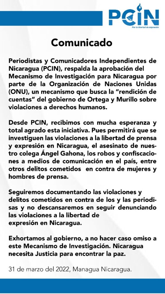 Comunicado de PCIN sobre respaldo a resolución aprobada por la ONU