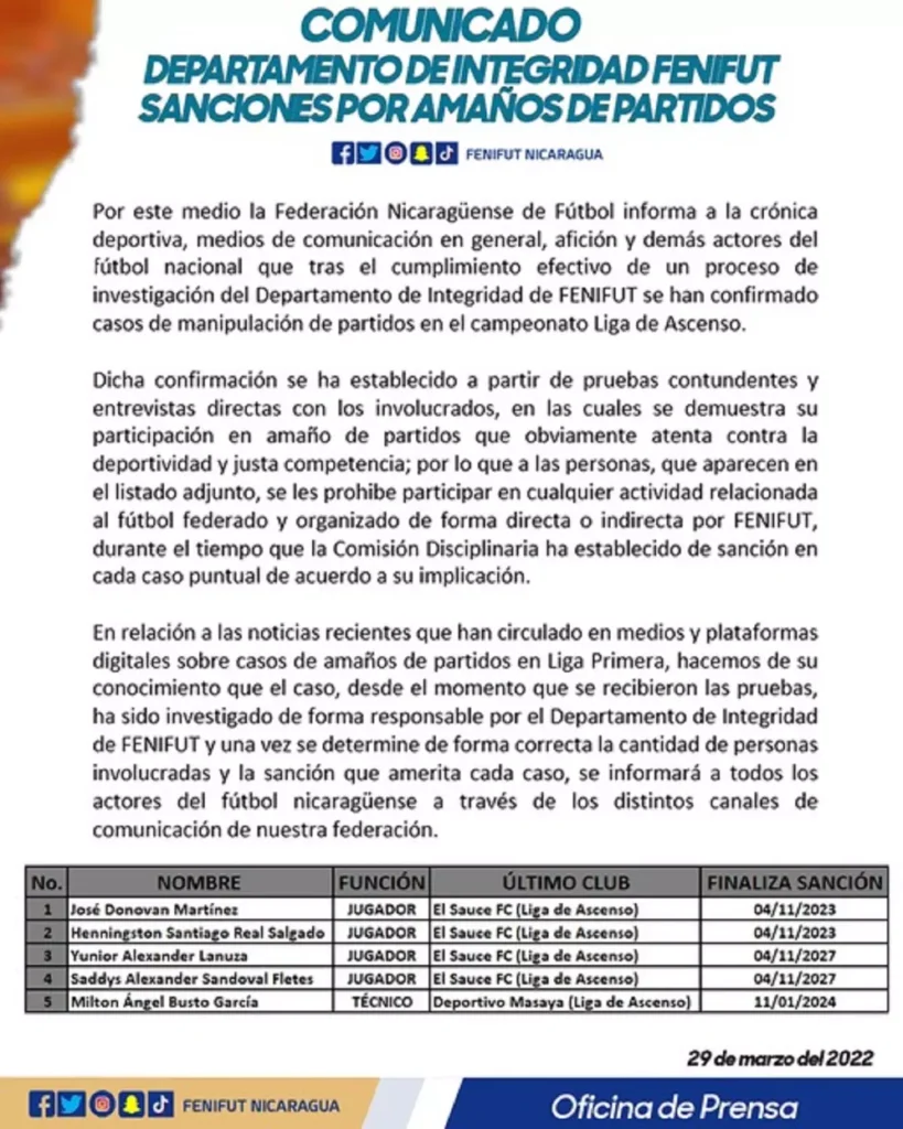 Comunicado de la Fenifut