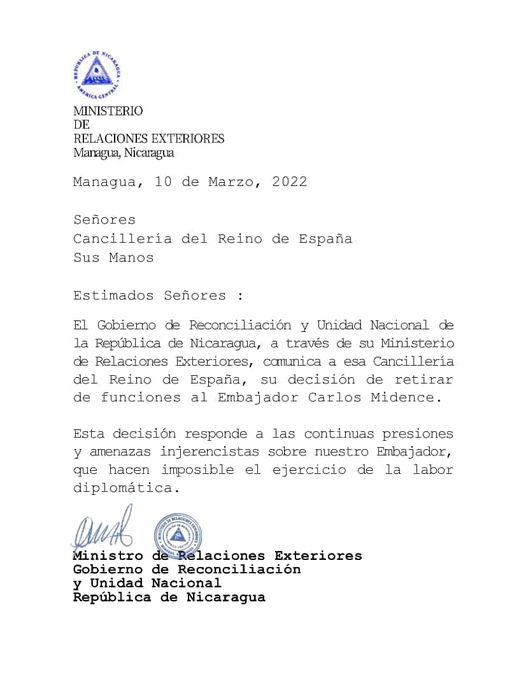 Comunicado de la dictadura sobre retiro de su embajador en España