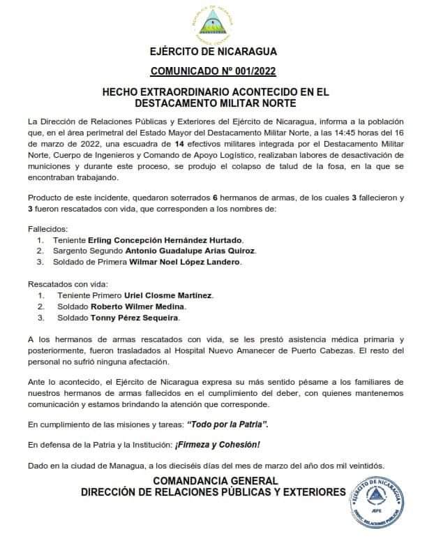 Comunicado del Ejército de Nicaragua