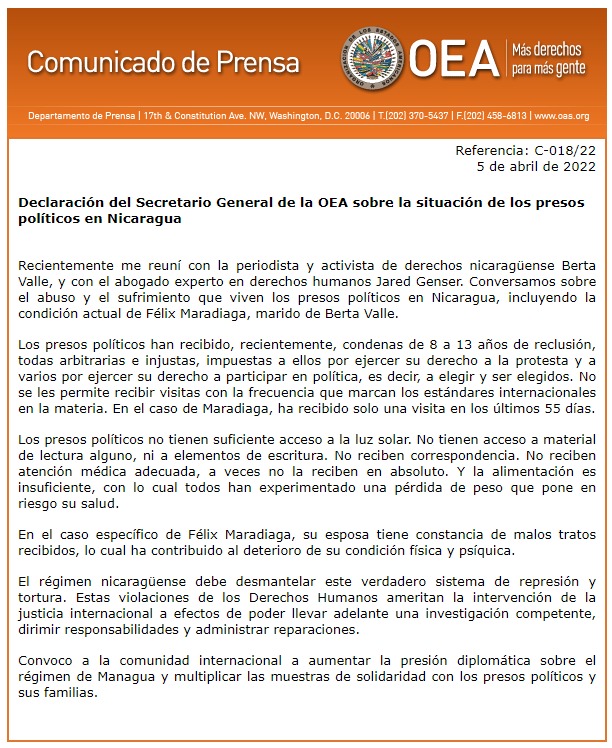 Comunicado del Secretario General de la OEA Luis Almagro