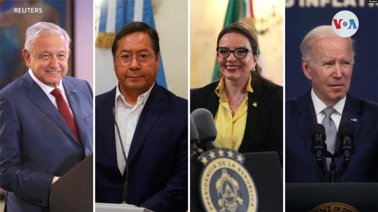 En esta composición de fotos se ve de izquierda a derecha a los presidentes: Andrés Manuel López Obrador, de México, Luis, Arce, de Bolivia, Xiomara Castro, de Honduras y Joe Biden, de EEUU, país anfitrión de la IX Cumbre de laS Américas.