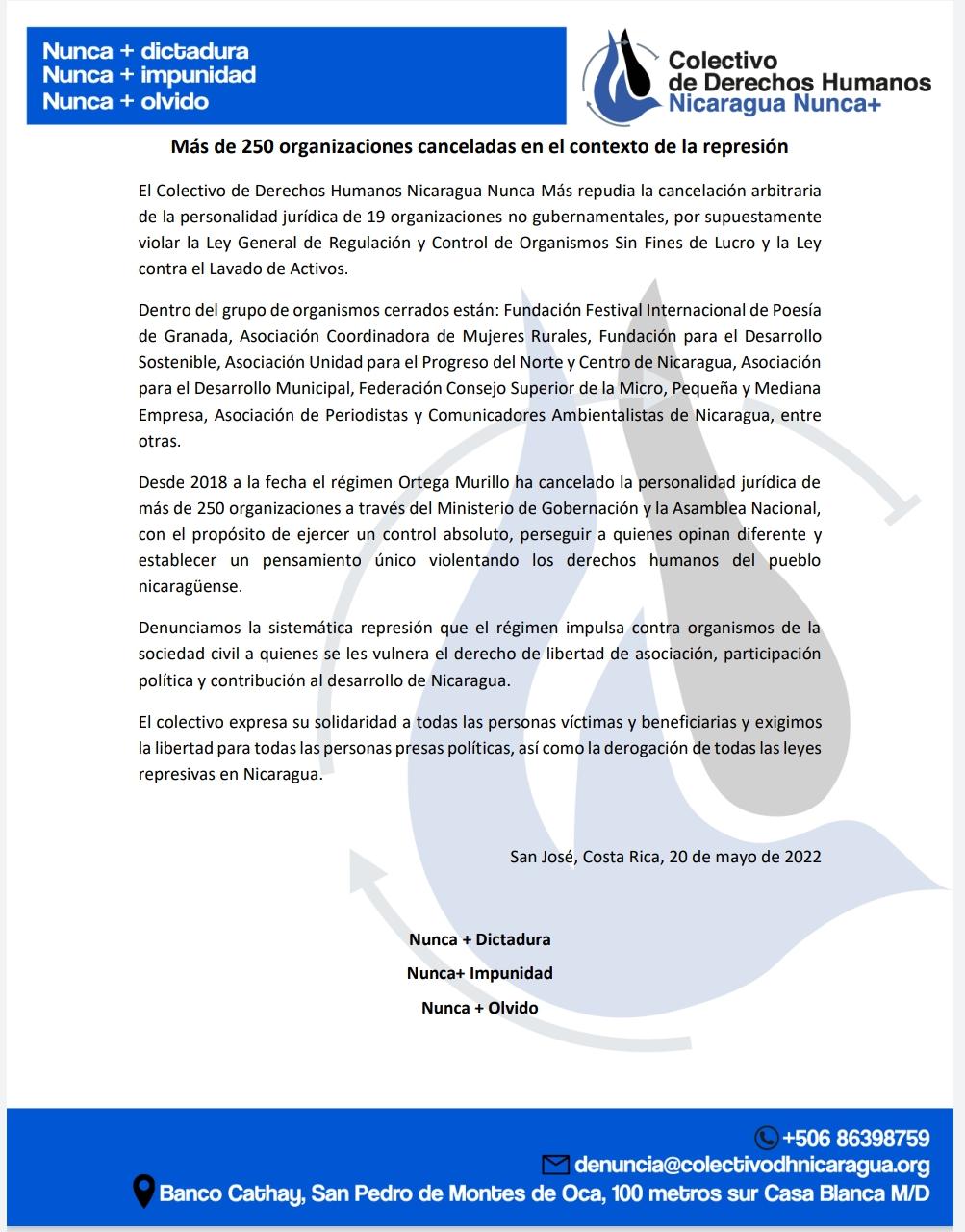Pronunciamiento del Colectivo de Derechos Humanos Nicaragua Nunca Más por la cancelación de organizaciones sin fines de lucro