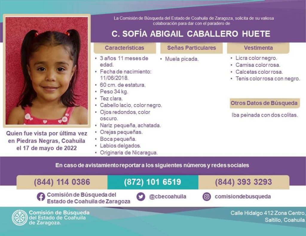 Afiche de búsqueda de Sofía Abigail Caballero Huete, de tres años de edad, nicaragüense, desapareció junto a su madre cruzar el Río Bravo
