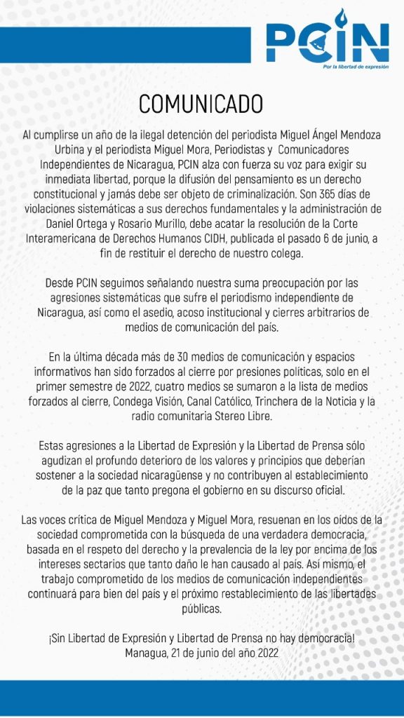 Comunicado de PCIN para exigir la libertad de los periodistas Miguel Mendoza y Miguel Mora