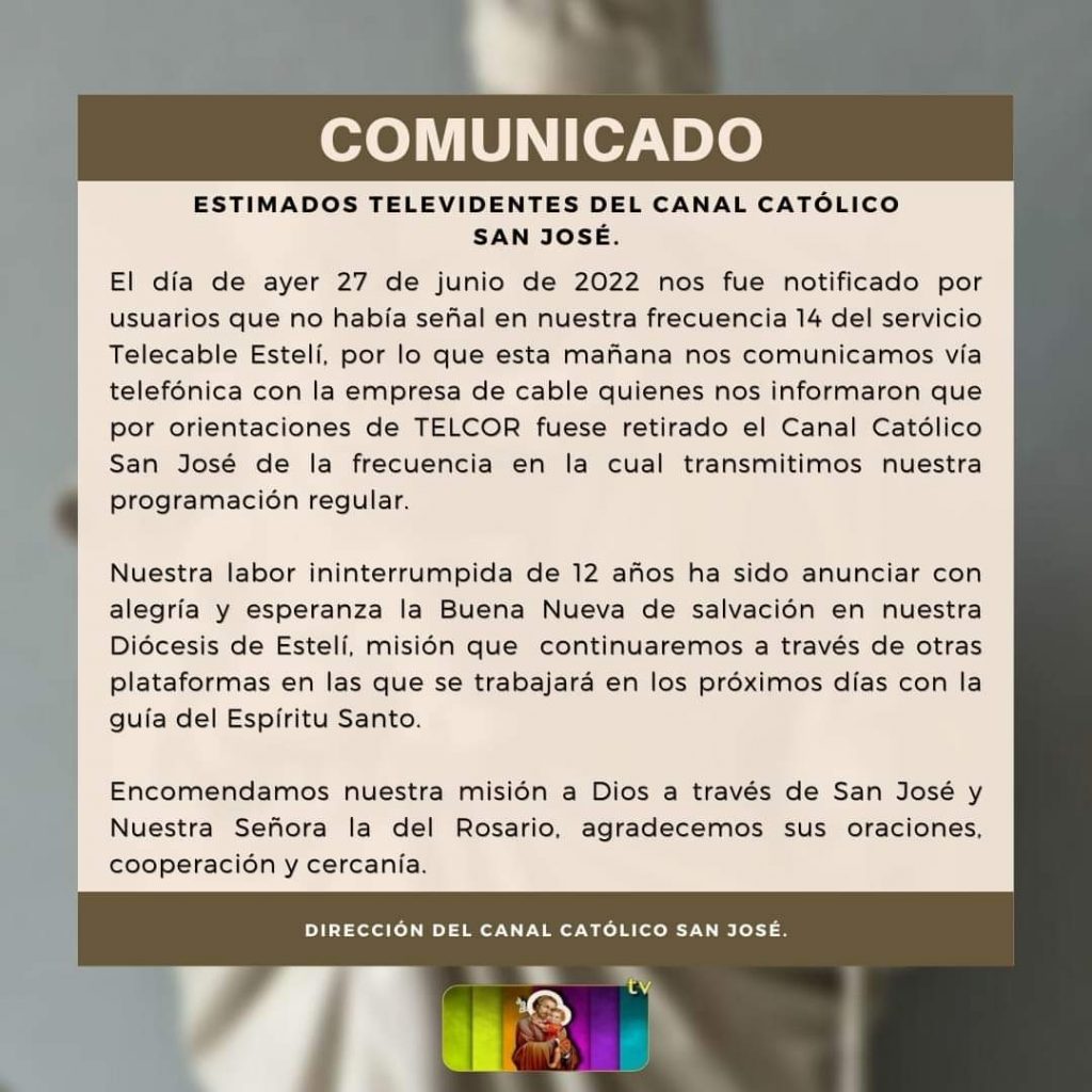 Comunicado de la administración del Canal Católico Tv Merced de Matagalpa