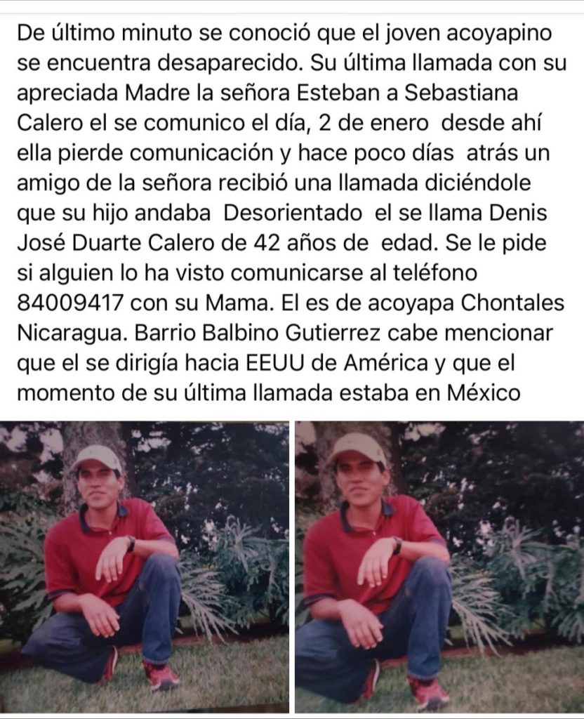 informacion brindada por familiares de denis duarte calero migrante nicaraguense que habia desaparecido en mexico