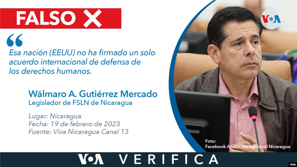 El legislador nicaragüense brinda datos falsos sobre los tratados de derechos humanos que ha firmado EEUU.