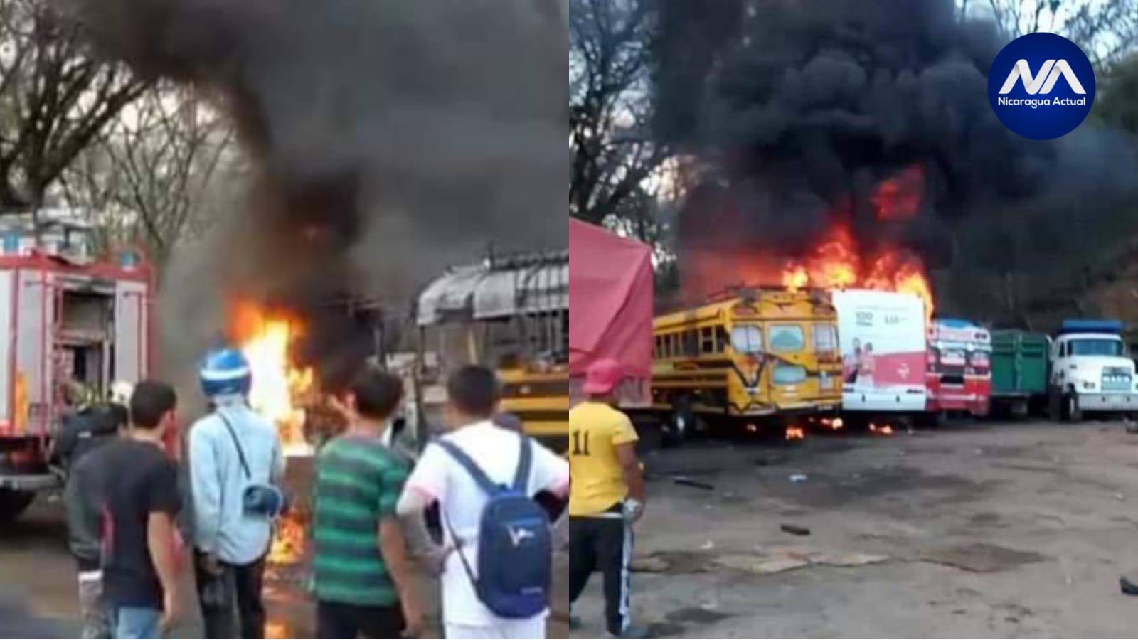 Tres buses reducidos a chatarra por incendio en Matagalpa. Foto collage: NA