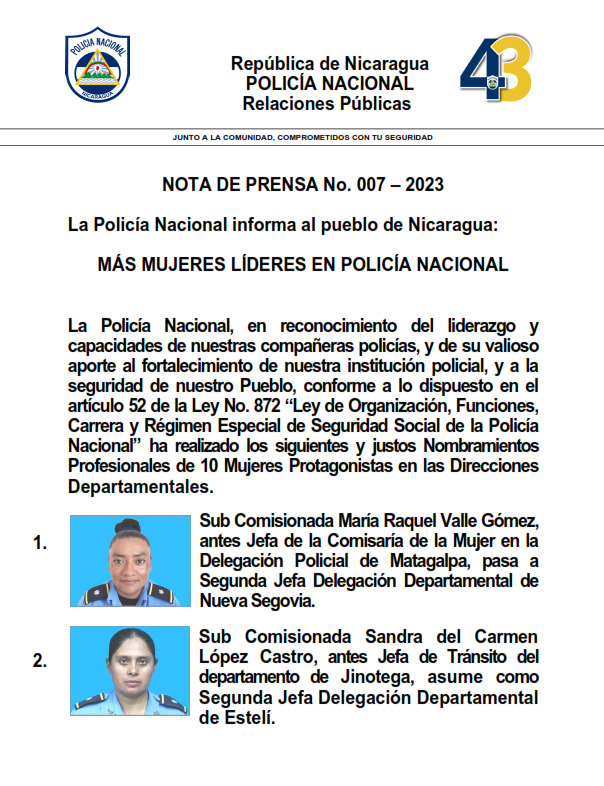 nota de prensa de la policia sandinista