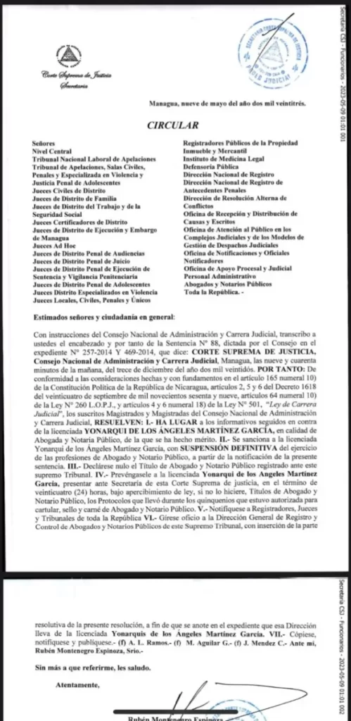 Circular de la Corte Suprema de Justicia donde veta a la abogada Yonarqui Martínez