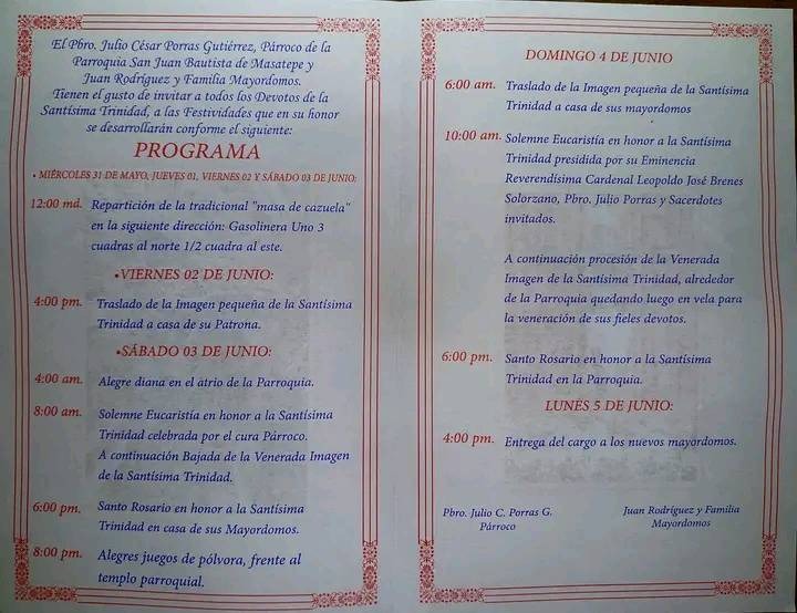 programa de las actividades religiosas de La Santísima Trinidad de Masatepe