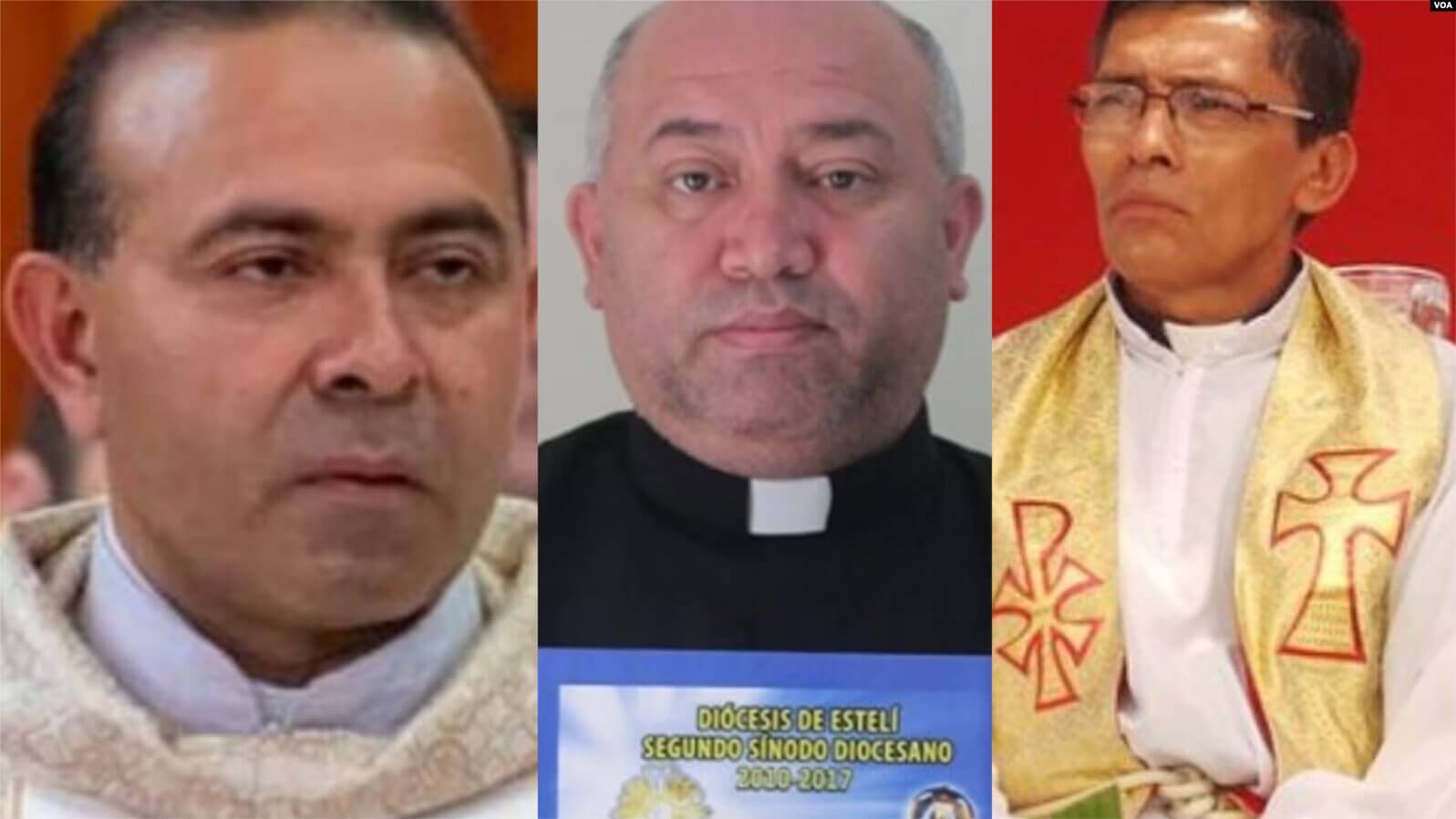 De izquierda a derecha los sacerdotes: Leonardo Guevara Gutiérrez, Pastor Eugenio Rodríguez Benavides y Jaime Montesino. El último fue detenido mientras los otros dos están siendo investigados. Cortesía.