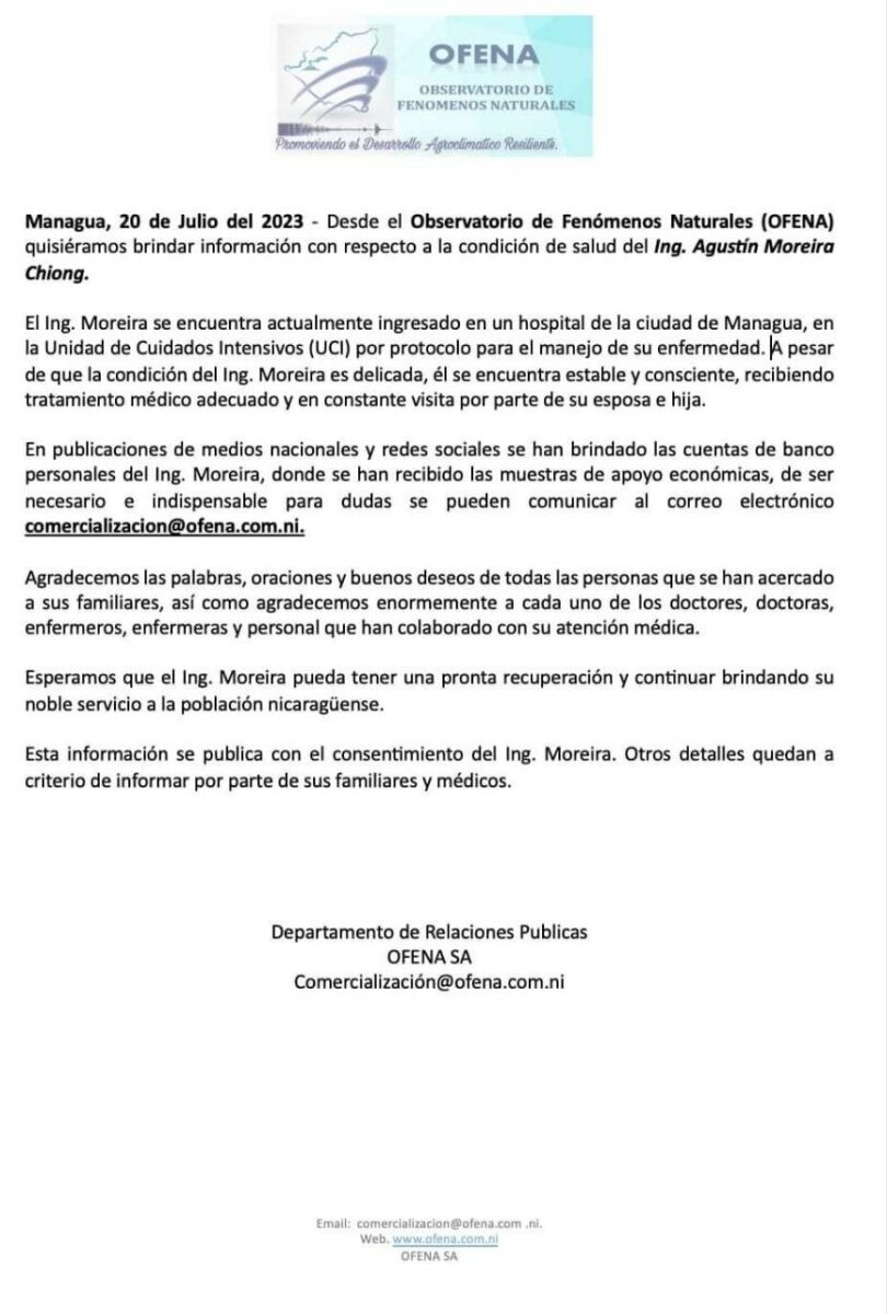 comunicado de ofena sobre estado de salud de Agustin Moreira