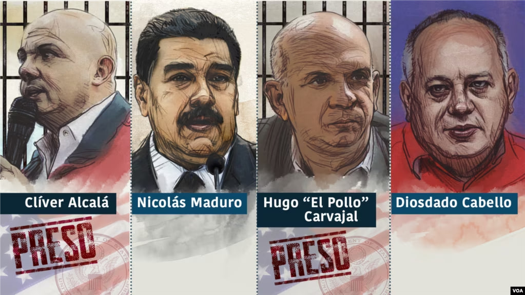 Fotocomposición realizada por la Voz de América de los 4 funcionarios venezolanos solicitados penalmente por narcoterrorismo en Estados Unidos desde marzo de 2020, 2 de los cuales se encuentran ya detenidos y procesados judicialmente en las cortes norteamericanas.