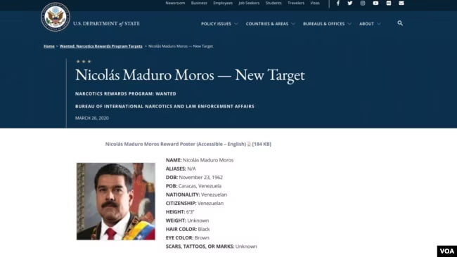 Captura de pantalla del sitio web del Departamento de Estado donde ofrece una millonaria recompensa por información sobre Nicolás Maduro, presidente de Venezuela, acusado penalmente en una corte de Estados Unidos en marzo de 2020.