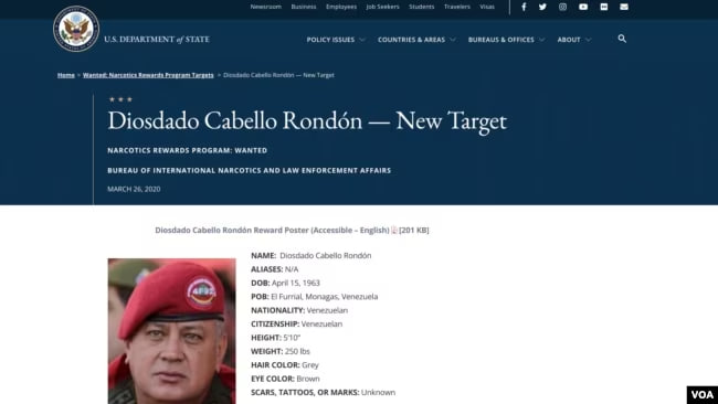Captura de pantalla del sitio web del Departamento de Estado donde ofrece una millonaria recompensa por información sobre Diosdado Cabello, líder político venezolano.