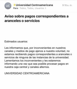 UCA informa a sus estudiantes que no pueden hacer pagos. Foto: cortesía.