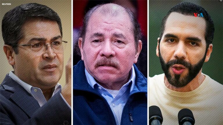 De izquierda a derecha: Juan Orlando Hernández, expresidente de Honduras; Daniel Ortega, presidente de Nicaragua; Nayib Bukele, presidente de El Salvador. Reuters.