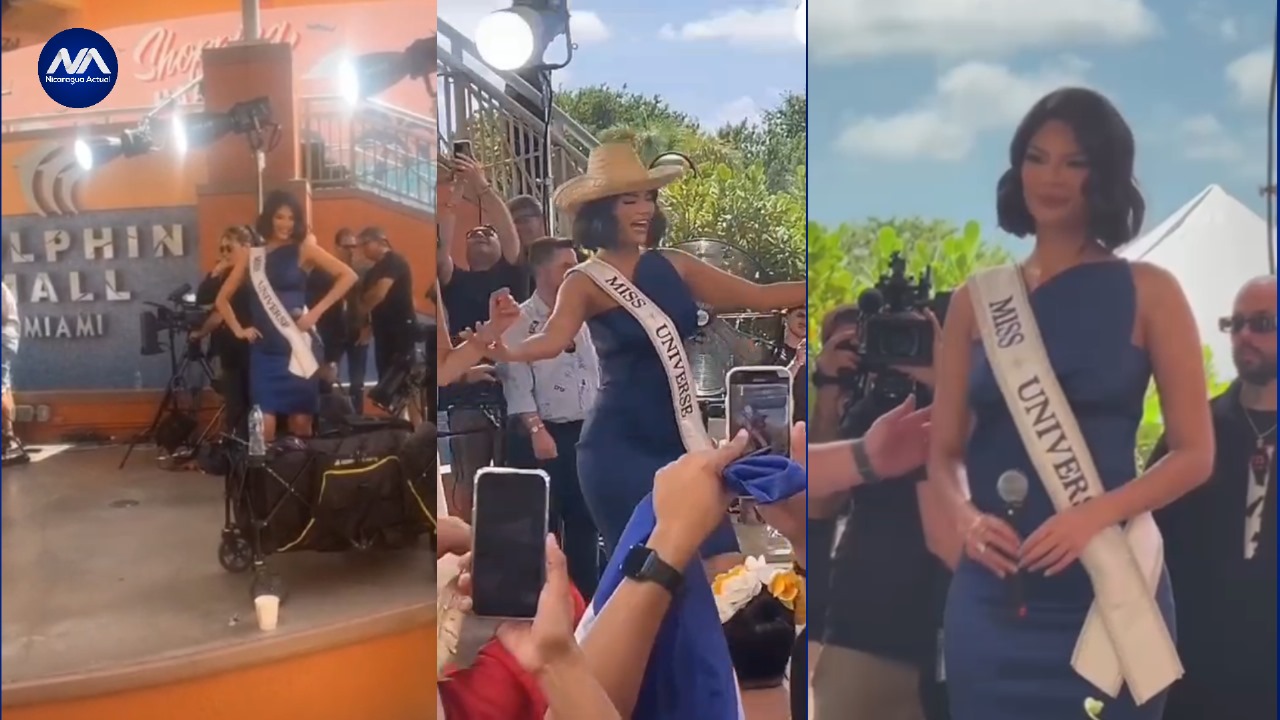 Sheynnis Palacios Miss Universo 2023, en Miami, EE.UU., celebrando con los nicaragüenses.