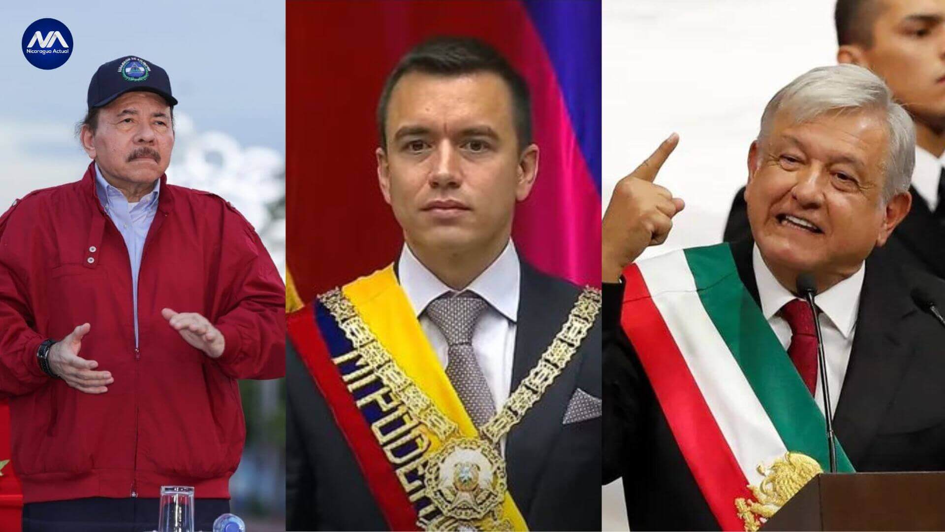 De izquierda a derecha, Dictador de Nicaragua, Presidente de México, Andrés Manuel López Obrador, presidente de Ecuador Daniel Noboa